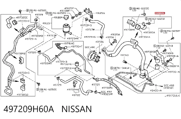 Mangueira da Direção hidrâulica assistida de pressão alta desde a bomba até a régua (do mecanismo) 497209H60A Nissan/Infiniti