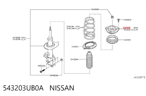 Suporte de amortecedor dianteiro direito 543203UB0A Nissan/Infiniti