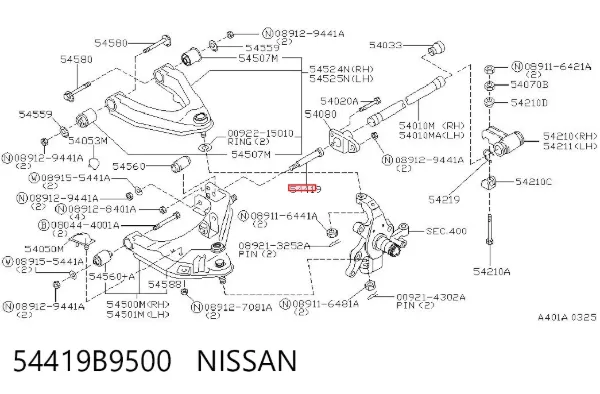 Parafuso de fixação de braço oscilante dianteiro, inferior 54419B9500 Nissan/Infiniti