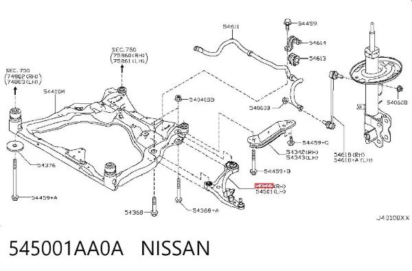 Braço oscilante inferior direito de suspensão dianteira 545001AA0A Nissan/Infiniti