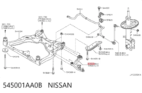 Braço oscilante inferior direito de suspensão dianteira 545001AA0B Nissan/Infiniti