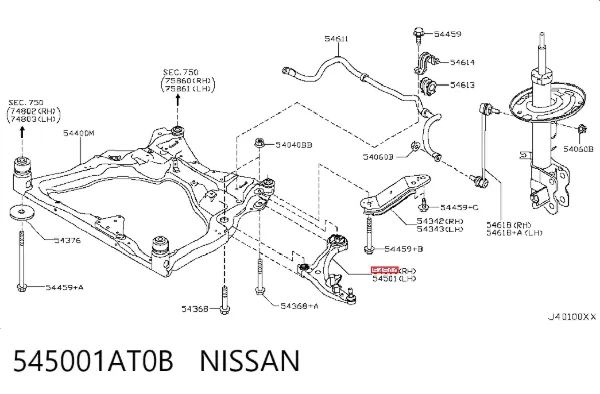 Braço oscilante inferior direito de suspensão dianteira 545001AT0B Nissan/Infiniti