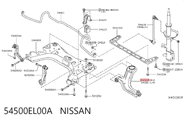Braço oscilante inferior direito de suspensão dianteira 54500EL00A Nissan/Infiniti