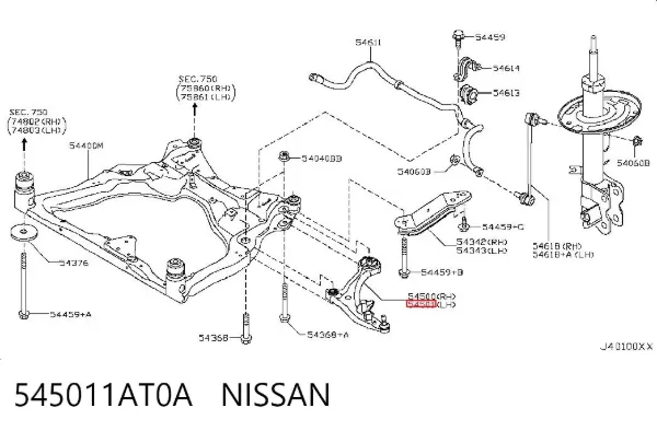 Braço oscilante inferior esquerdo de suspensão dianteira 545011AT0A Nissan/Infiniti