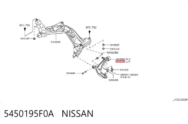 Braço oscilante inferior esquerdo de suspensão dianteira 5450195F0A Nissan/Infiniti