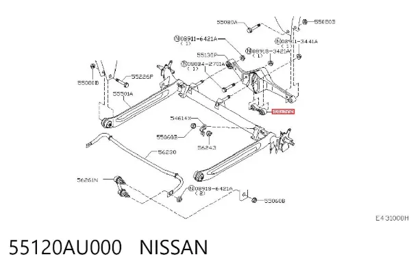 Braço oscilante inferior esquerdo de suspensão traseira/direita 55120AU000 Nissan/Infiniti