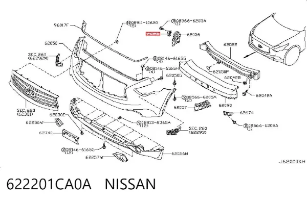 Consola externa direita do pára-choque dianteiro 622201CA0A Nissan/Infiniti