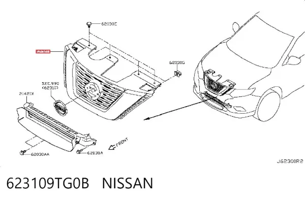 Grelha do radiador 623109TG0B Nissan/Infiniti