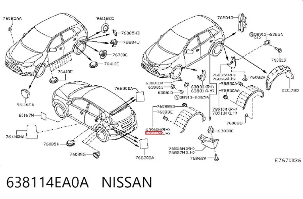 Expansor (placa sobreposta) de arco do pára-lama dianteiro esquerdo 638114EA0A Nissan/Infiniti