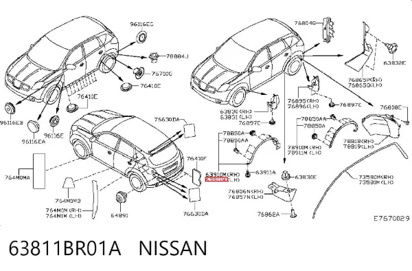 Expansor (placa sobreposta) de arco do pára-lama dianteiro esquerdo 63811BR01A Nissan/Infiniti