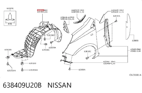 Guarda-barras direito do pára-lama dianteiro 638409U20B Nissan/Infiniti
