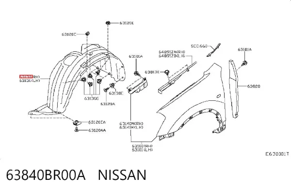 Guarda-barras direito do pára-lama dianteiro 63840BR00A Nissan/Infiniti