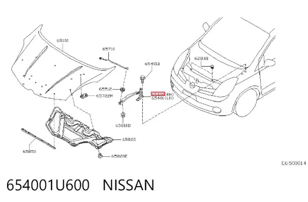 Gozno da capota direito 654001U600 Nissan/Infiniti