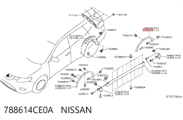 Expansor esquerdo (placa sobreposta) de arco do pára-lama traseiro 788614CE0A Nissan/Infiniti
