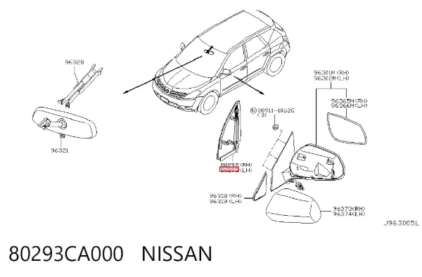 Placa sobreposta interna de fixação de espelho esquerdo 80293CA000 Nissan/Infiniti