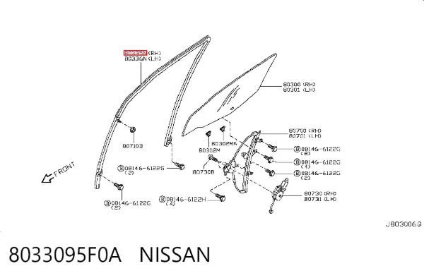 Guia de vidro de quadro da porta dianteira direita 8033095F0A Nissan/Infiniti