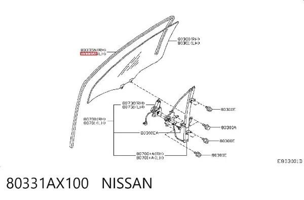 Guia de vidro de quadro da porta dianteira esquerda 80331AX100 Nissan/Infiniti