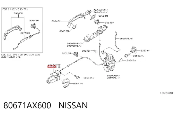 Maçaneta interna esquerda da porta dianteira 80671AX600 Nissan/Infiniti