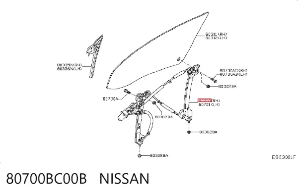 Mecanismo de acionamento de vidro da porta dianteira direita 80700BC00B Nissan/Infiniti