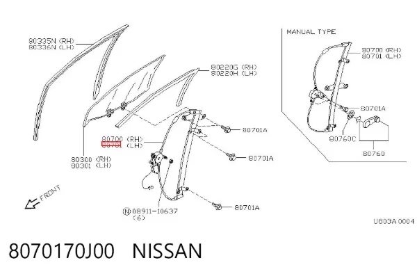 Mecanismo de acionamento de vidro da porta dianteira esquerda 8070170J00 Nissan/Infiniti