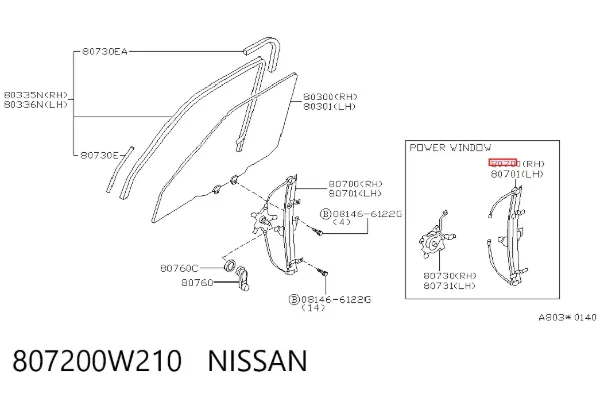 Mecanismo de acionamento de vidro da porta dianteira direita Nissan Pathfinder R50