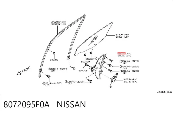 Mecanismo de acionamento de vidro da porta dianteira direita 8072095F0A Nissan/Infiniti
