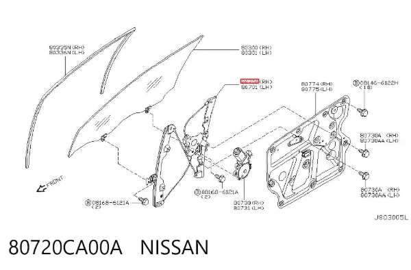 Mecanismo de acionamento de vidro da porta dianteira direita Nissan Murano Z50