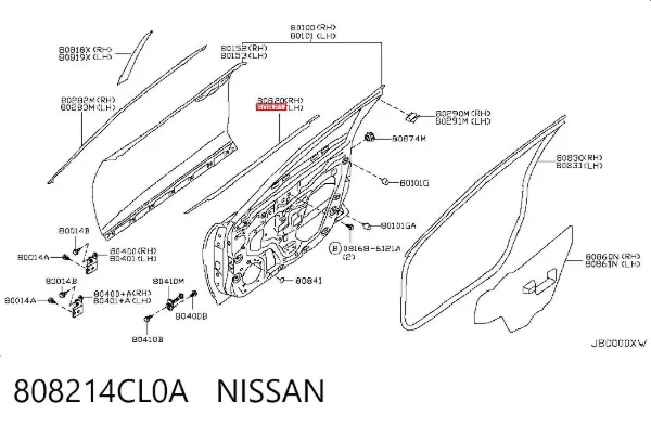 Moldura de vidro deslizante da porta dianteira esquerda 808214CL0A Nissan/Infiniti