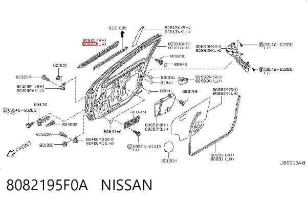 Moldura de vidro deslizante da porta dianteira esquerda 8082195F0A Nissan/Infiniti