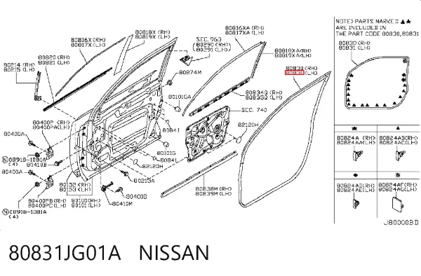 Compactador da porta dianteira esquerda (na porta) 80831JG01A Nissan/Infiniti