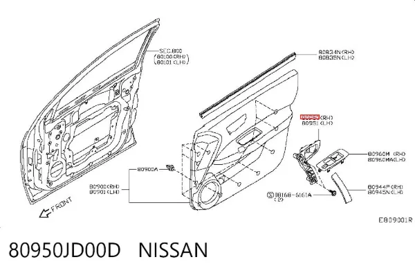 Maçaneta interna direita da porta dianteira 80950JD00D Nissan/Infiniti