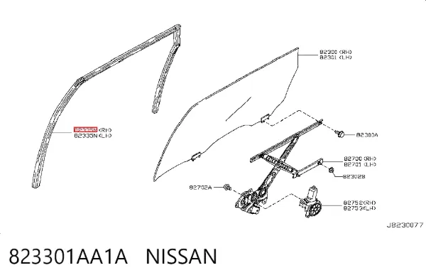 Guia de vidro de quadro da porta traseira direita 823301AA1A Nissan/Infiniti