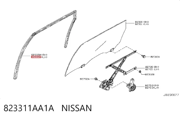 Guia de vidro de quadro da porta traseira esquerda 823311AA1A Nissan/Infiniti