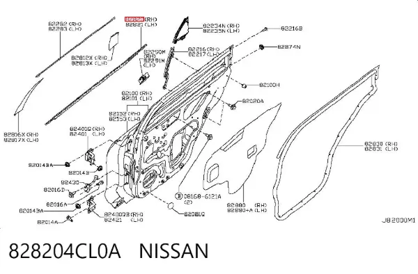 Moldura de vidro deslizante da porta traseira direita 828204CL0A Nissan/Infiniti