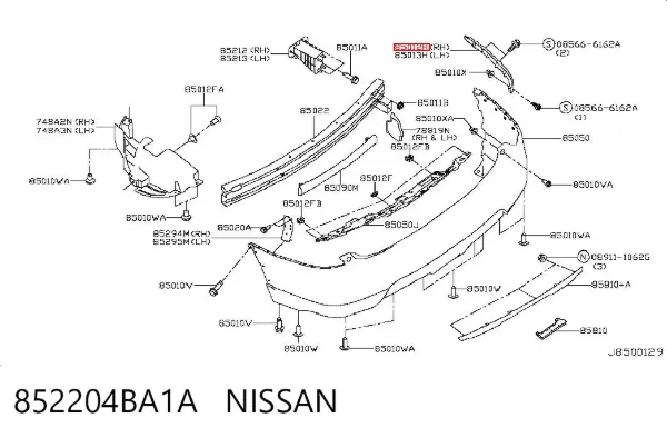 Guia direita do pára-choque traseiro 852204BA1A Nissan/Infiniti