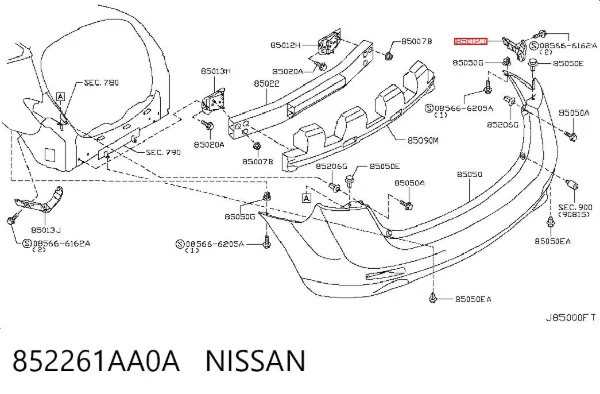 Consola direita do pára-choque traseiro 852261AA0A Nissan/Infiniti