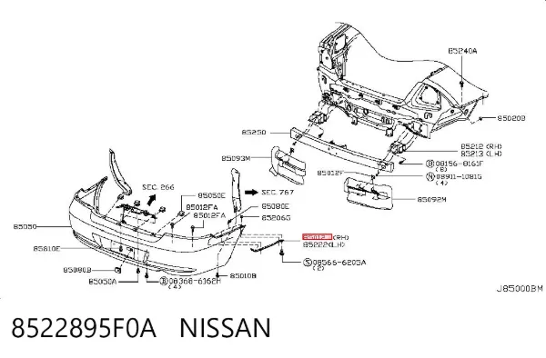 Consola esquerda do pára-choque traseiro 8522895F0A Nissan/Infiniti