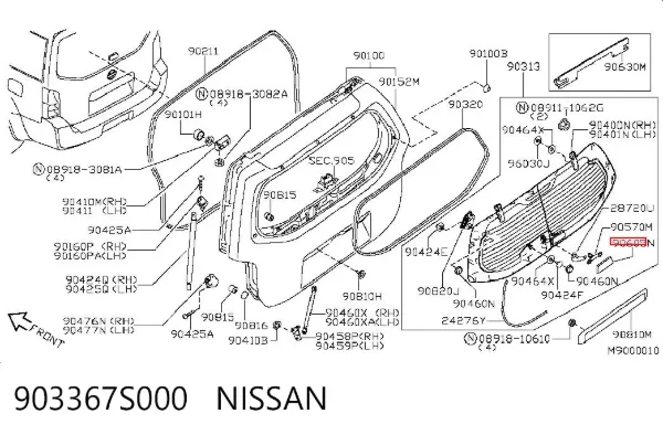 Punho de acionamento de vidro da porta traseira 903367S000 Nissan/Infiniti