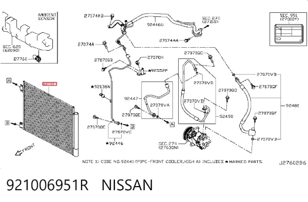 Radiador de aparelho de ar condicionado 921006951R Nissan/Infiniti