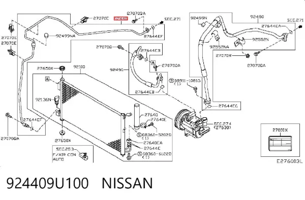 Mangueira de aparelho de ar condicionado, desde o radiador até o vaporizador 924409U100 Nissan/Infiniti