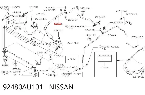 Mangueira de aparelho de ar condicionado, desde o vaporizador até o compressor 92480AU101 Nissan/Infiniti