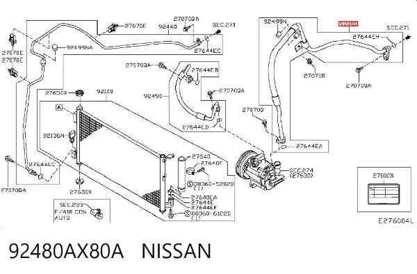 Mangueira de aparelho de ar condicionado, desde o vaporizador até o compressor 92480AX80A Nissan/Infiniti
