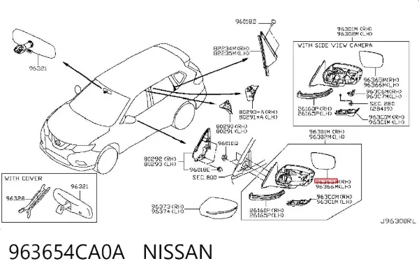 Elemento espelhado do espelho de retrovisão direito 963654CA0A Nissan/Infiniti