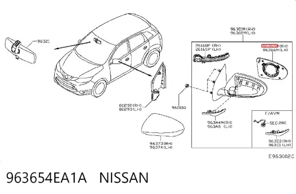 Elemento espelhado do espelho de retrovisão direito 963654EA1A Nissan/Infiniti