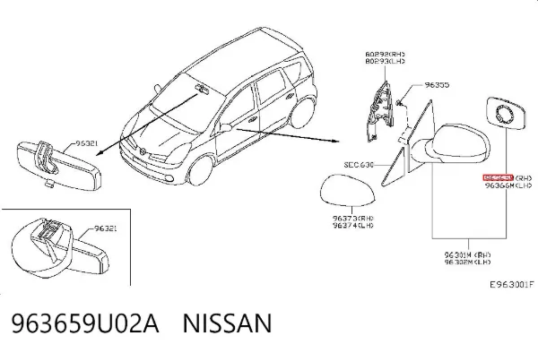 Elemento espelhado do espelho de retrovisão direito 963659U02A Nissan/Infiniti