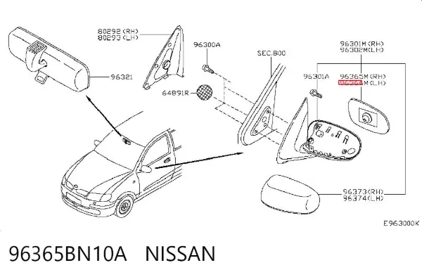 Elemento espelhado do espelho de retrovisão direito 96365BN10A Nissan/Infiniti