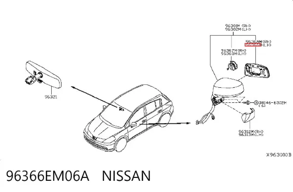 Elemento espelhado do espelho de retrovisão esquerdo 96366EM06A Nissan/Infiniti