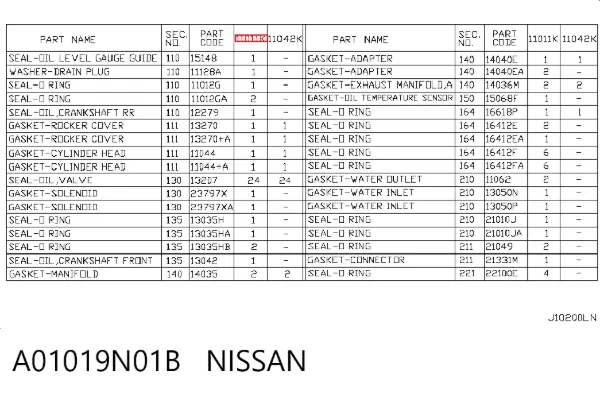 Kit de vedantes de motor completo A01019N01B Nissan/Infiniti