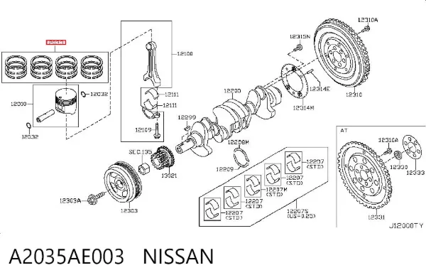Kit de anéis de pistão de motor, 1ª reparação ( + 0,25) A2035AE003 Nissan/Infiniti