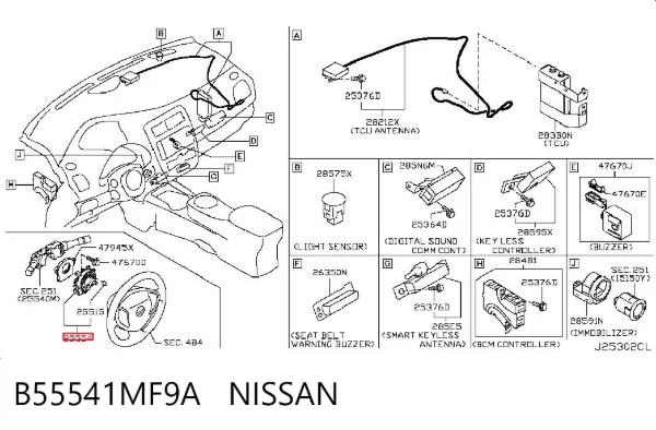Anel AIRBAG de contato, cabo plano do volante B55541MF9A Nissan/Infiniti